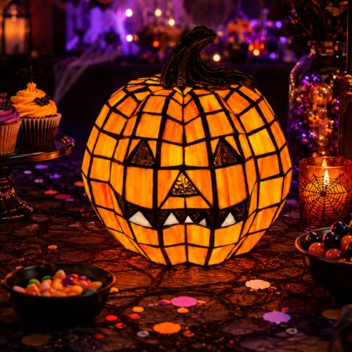 FQFGGYD Stained Glass Pumpkin Lamp Halloween Lamps Desktop Fall Home Decor — view 3