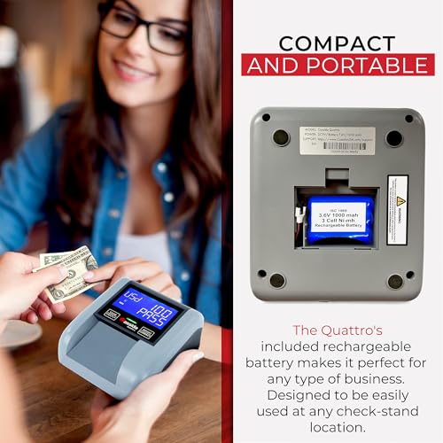 Image of Cassida Quattro Fast Automatic Currency Counterfeit Detector with Advanced Sensors (UV,MG,IR,MT,Thickness,Size) - All-Orientation Feeding - Rechargeable Battery - 3.5 inch Value (Pass /Fail + UV /MG)