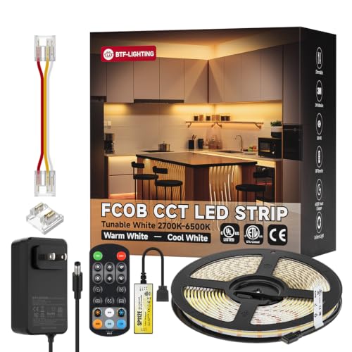 Image of BTF-LIGHTING COB FCOB Dimmable CCT LED Strip Kit DC24V,UL Listed,24.6FT | 8mm wide,No Voltage Drop,Tunable 2700K-6500K with RF Remote,CRI 90+ High Density COB Tape for Bedroom Kitchen Under Cabinet