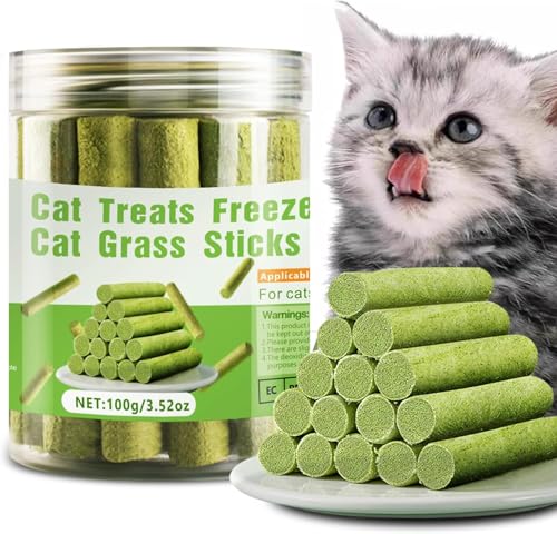 SKY-TOUCH 16 Pieces Cat Grass Treats for Cats Edible Cat Chew Sticks Toys Natural Dried Treats Snacks for Hairball Removal&Teeth Cleaning Light Green - Increase Appetite 100g