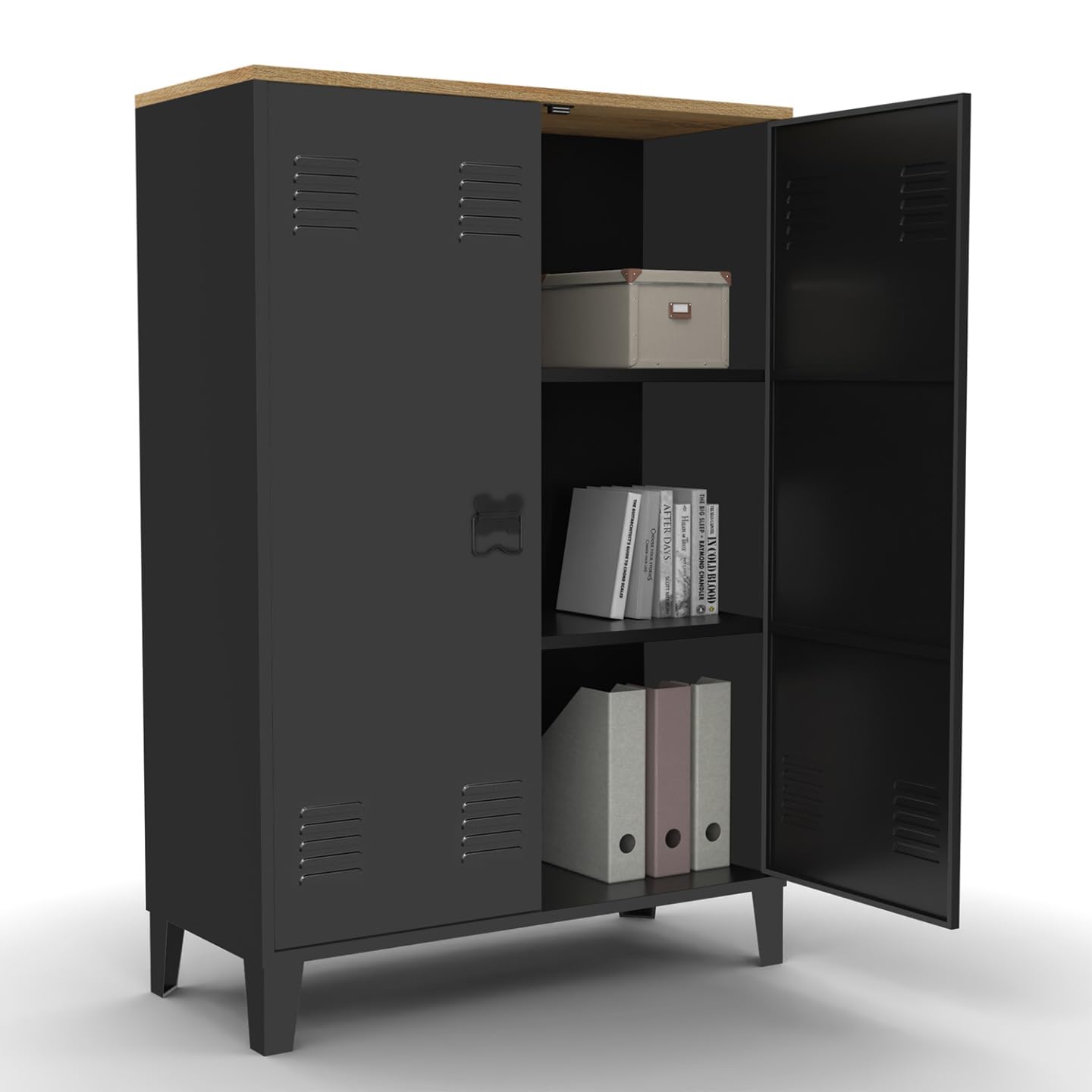IDMarket - Armoire Basse Ester 2 Portes métal Noir et Plateau Bois Design Industriel