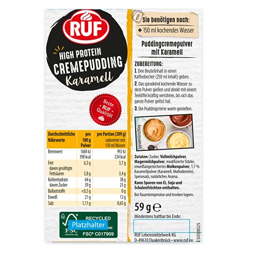 RUF High Protein Cremepudding Karamell, Karamell-Pudding aus der Tasse, 13g Protein pro Portion, einfache Zubereitung ohne Kochen, glutenfrei, 1 x 59g – Bild 3