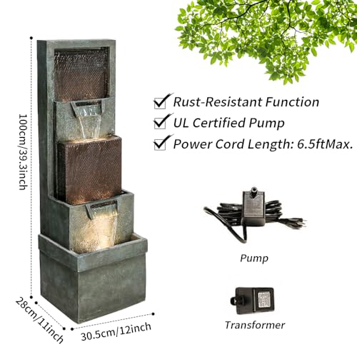 Hamiedun 39.3”H Outdoor Garden Waterfall Fountain-Indoor Water Fountain with LED Lights, for Gardens, Landscaping, Patios, Balconies, Office,and Lawns for a Calming Oasis in Outdoor Living Art Decor