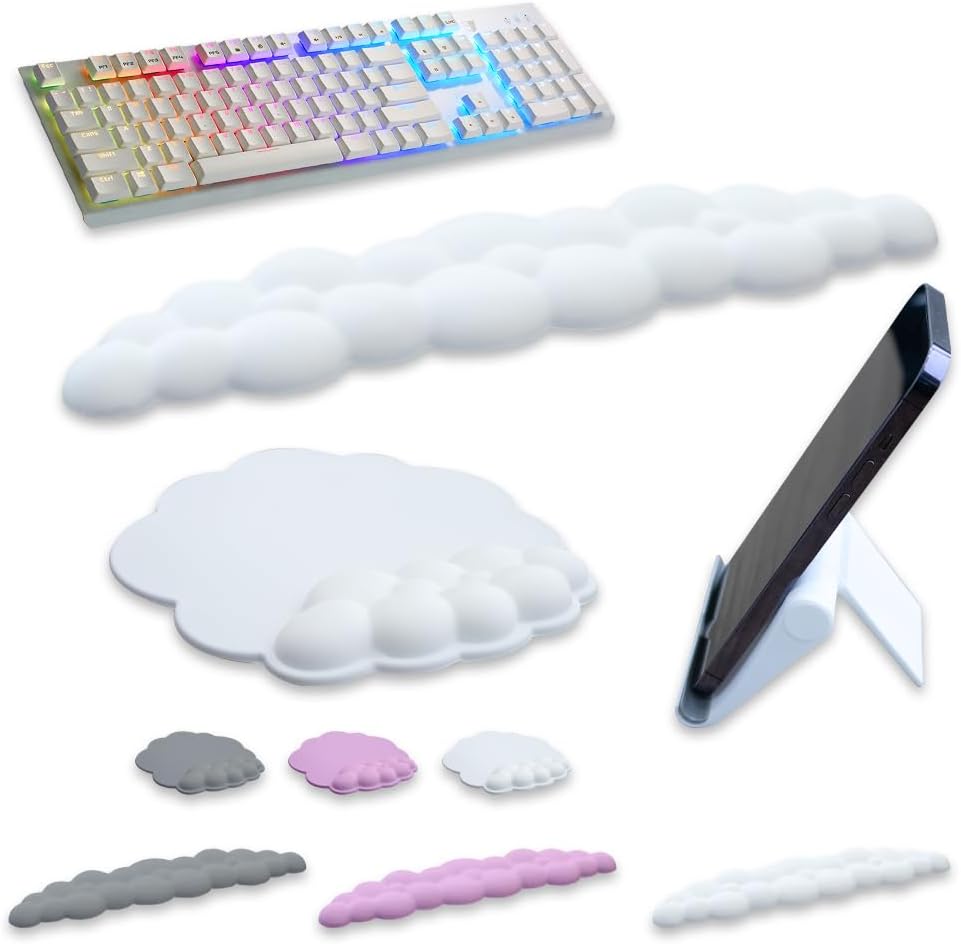 CLOUDIX Cloud Keyboard Wrist Rest Set, Mouse Pad, Phone Holder, Tablet Holder, Ergonomic Cloud Arm Wrist Pad with Memory Foam, Non-Slip Base for Typing Pain Relief, Home, Office, Laptop, Gaming (GREY)
