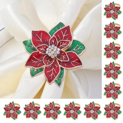 Christmas Napkin Rings Set of 12,Poinsettia Flower Napkin Rings Christmas Holders Metal Napkin Buckle for Wedding Party Birthday Table Decoration Dinning