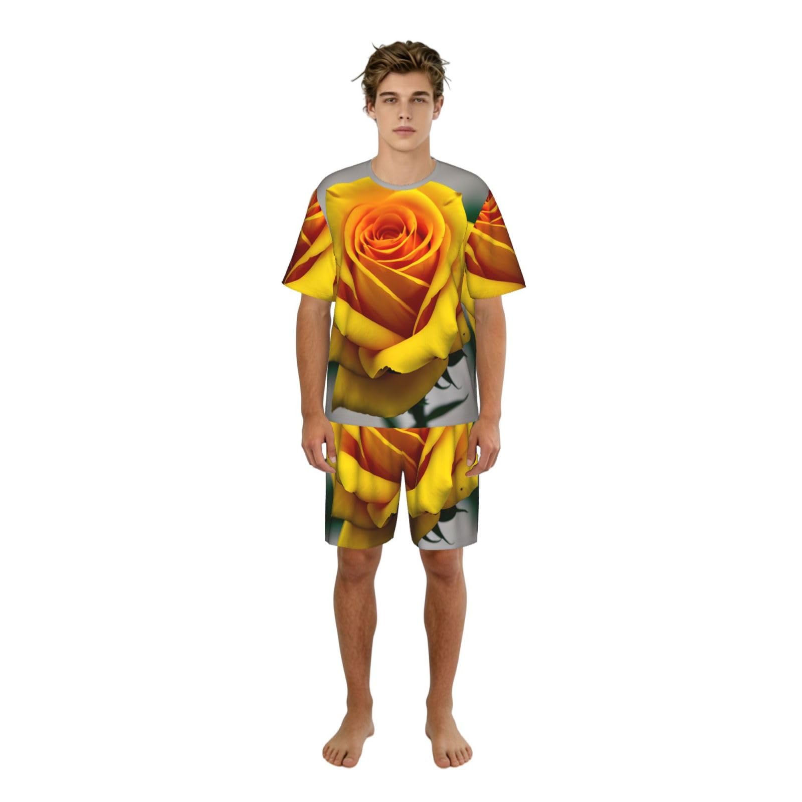 Conjunto de pijama clásico con estampado de rosas amarillas para hombre, pantalones cortos de pijama suaves para hombre, perfecto para las noches de verano