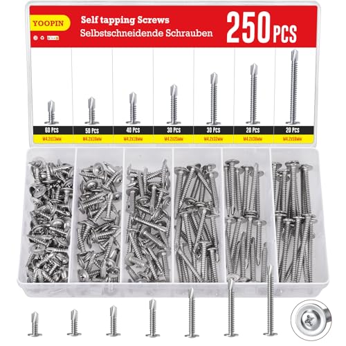 YOOPIN 250 Stück Selbstschneidende Schrauben Kit, Edelstahl Blechschrauben Selbstschneidend, M4.2 Selbstbohrende Bohrschrauben (50mm/38mm/32mm/25mm/19mm/16mm/13mm) für Holz, Metallplatten
