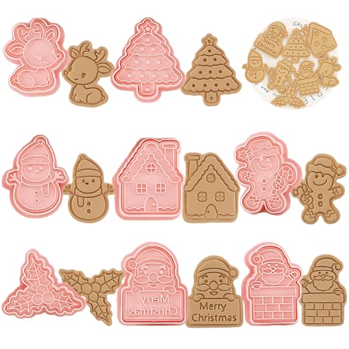 WishesMar Natale Formine Biscotti 3D Stampi Biscotti Tagliabiscotti con 8 pezzi Stampa per la Cottura in Cucina, Fondente, Cottura di Decorazioni Festive DIY, Accessori per Pasticceria