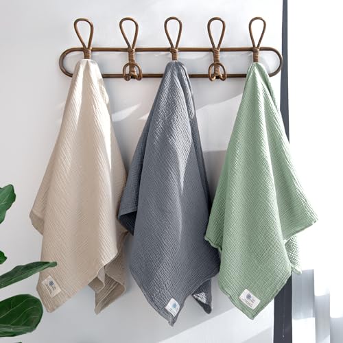lulumoon Muslin Swaddle Blanket Baby - Cotton Swaddling Blanket Soft Baby Receiving Blanket Neutral 3Pack(Grey+Green)