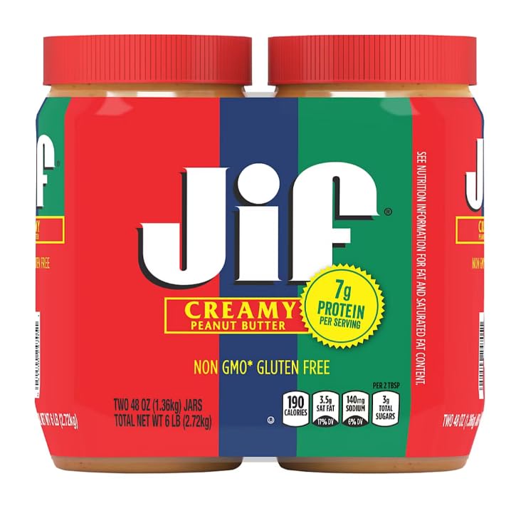 Jiff Creamy Peanut Butter 7 g protein per serving, smooth creamy Textrure (3LB - (48 oz)., 2 Pack)