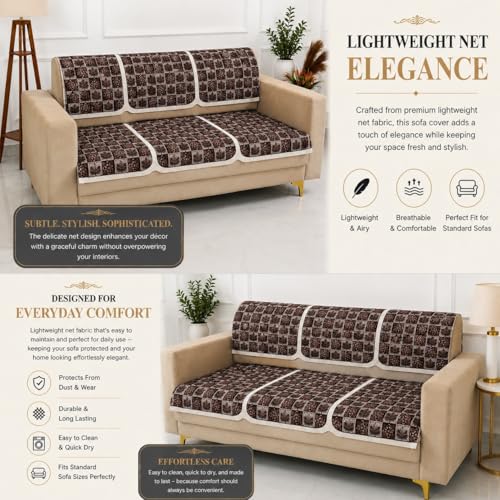Image of Homerz Premium 'Maharaja Paradise Series' Sofa Cover | Net Fabric Sofa Cover | Washable, Anti-Dust Backed & Wrinkle Resistant Cover (Leafy Checks, 7 (3+2+2) Seater, Seat Cover with Backrest)