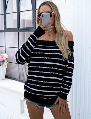 Image of VIMPUNEC Womens Off The Shoulder Sweaters Color Block Oversized Pullover Sweater Cable Knit Chunky Striped Tops Black White S