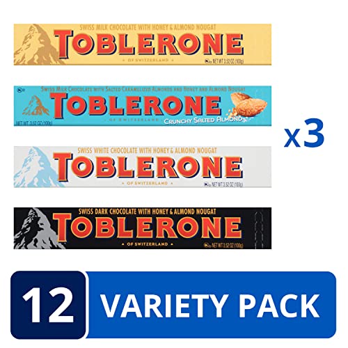 Toblerone Swiss Chocolate Variety Pack, Milk Chocolate, Dark Chocolate, White Chocolate & Crunchy Salted Caramelized Almond, 12 - 3.52 Oz Bars #TOP1