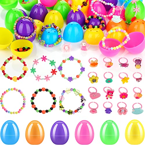 72 PCS Fillable Easter Eggs Colorful Bright Plastic Easter Eggs Fillable Girls Jewelry Kids Jewelry Bracelets Rings for Easter Egg Hunt, Suprise Egg, Easter Hunt