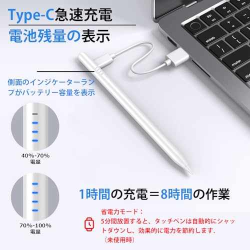 【2025年新登場】タッチペン iPad ペンシル アップルペンシル互換ペン 傾き感知 磁気吸着 Type-C急速充電 誤作動防止 スタイラスペン 2018年以降iPad/iPad Pro/iPad air/iPad mini対応 (ホワイト)