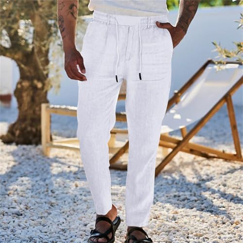 Men's Linen Pants Solid Color Drawstring Waist Casual Straight Leg Summer Breathable Trousers2