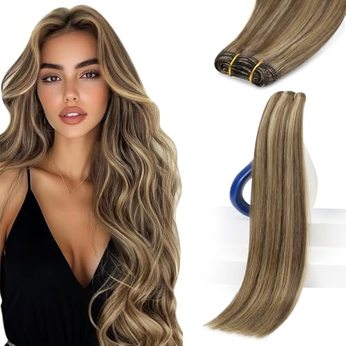 Sunny Hair Weft Hair Extensions Human Hair 18inch Sew in Hair Extensions Real Human Hair Highlights Human Hair Weft Extensions Dark Brown Mix Caramel Blonde Natural Hair Weft for Women 100g