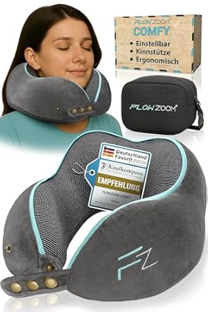 FLOWZOOM Comfy Nackenkissen Flugzeug & Auto – Einstellbares Memory Foam Reisekissen mit flexiblen Druckknöpfen für 360° Stütze, atmungsaktiver weicher Bezug – inkl. Transportbeutel – Grau