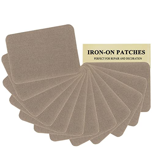 12 parches termoadhesivos de tela de alta calidad, color caqui, pegamento fuerte, kit de decoración de reparación 100% algodón, tamaño 7,6 x 10,5 cm