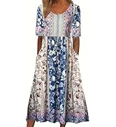 Women's Boho Floral Pleated Dress Casual Summer Short Sleeve V Neck Maxi Dresses with Pockets