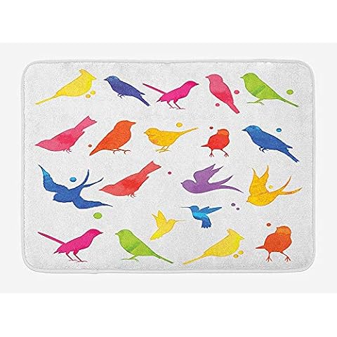 Birds Bath Mat, Watercolor Style Rainbow Colored Bird Silhouette Group Abstract Animal Design, Plush Bathroom Decor Mat with Non Slip Backing, 29.5" X 17.5" Cover