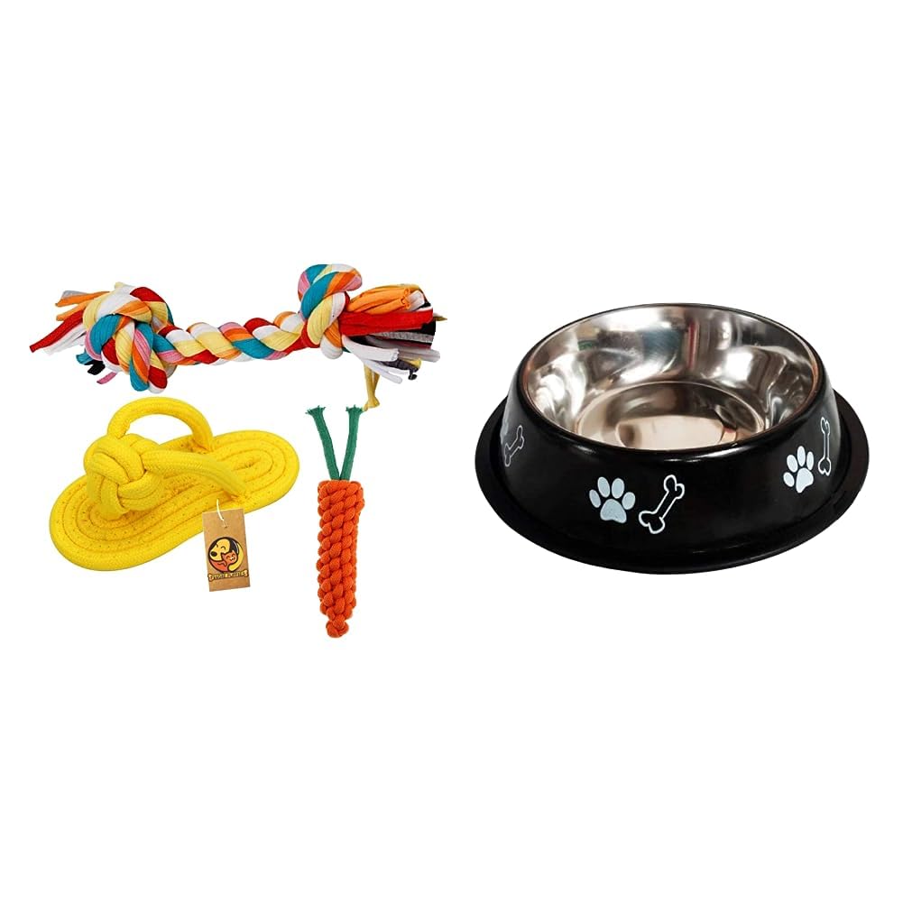 Foodie Puppies Durable Cotton Mix Chewable Rope Teething Playing Toy & Stainless Steel Paw Bone Printed Bowl- 700ml, (Night Black) (B0CDDDXSDY) Amazon Price History, Amazon Price Tracker
