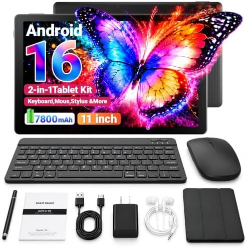 TT.KIDS Android 16 Tablet 11Inch, 2-in-1 Tablet with Keyboard Mouse Pen Case, 24GB+64GB+2TB, 7800mAh, HD Screen Widevine L1, Face Unlock Dual Cameras, WiFi 6 BT 5.4 Tablets Bundle