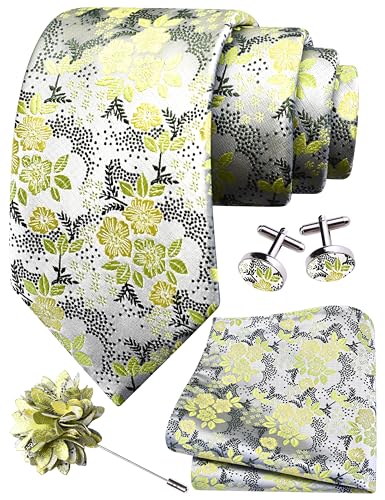 Image of GUSLESON 3.15 inch(8cm) Mens Floral Tie and Lapel Pin Necktie Hankerchief Cufflinks Set for Men