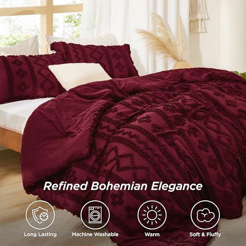 Bedsure Tufted Boho Comforter Set King Size - Dark Red Boho Bed Set, GentleSoft™ 3 Pieces Farmhouse Shabby Chic Embroidery Bedding, Gifts for Woman, Soft Jacquard King Comforter for All Seasons