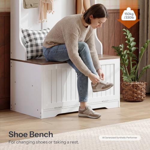 HOOBRO-Hall-Tree-with-Bench-157W-Entryway-Bench-with-Coat-Rack-Shoe-Cabinet-with-Flip-Drawer-LED-Hall-Tree-with-9-Hooks-and-2-Open-Compartments-Wooden-for-Hallway-White-and-Walnut-WH86DMT01