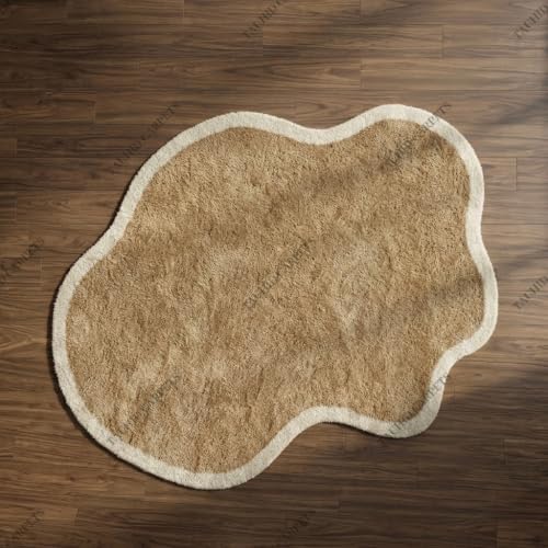 Image of Tauhid Carpet Modern Irregular Shape Shaggy Rug | Super Soft Microfiber Area Carpet for Living Room, Bedroom Designer Cloud Shape MBeige with Ivory Border 6x9 Feet.