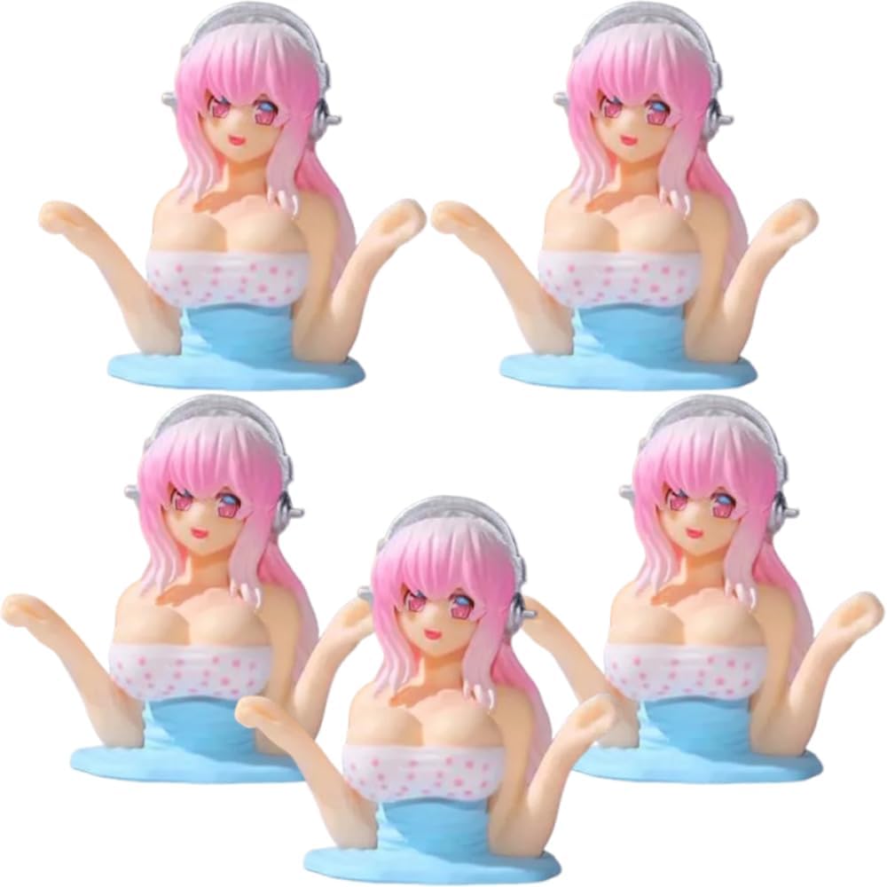 5Pcs Cute Realistic Kanako Chest Shaking Girls Car Ornaments Decorations Cartoon Kawaii Anime Statue Car Dashboard Sexy Doll Figurine, Car Center Console Sculpture Model (B)