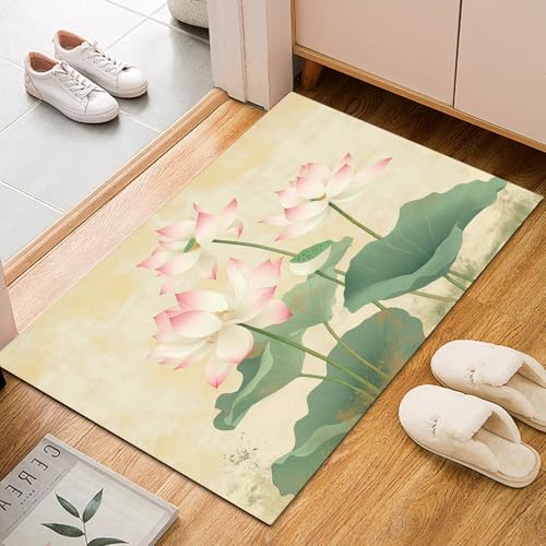 Dyjuaa Fleur de Lotus Zen Paillasson Entrée Intérieur 60x90 cm, Étang Feuille de Lotus Tapis Lavable en Machine Antidérapant Rugs Carpet Poil Ras Doux pour...