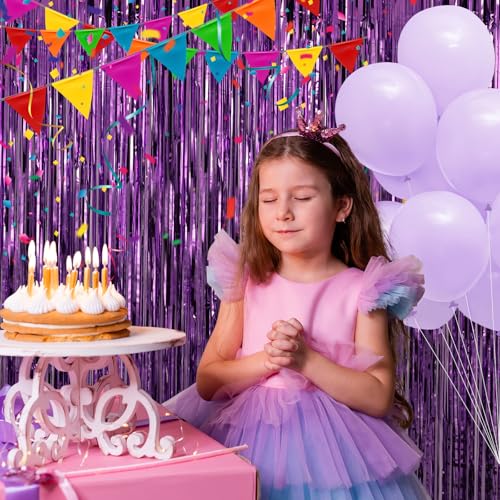 Image of Crosize 7 Pack 3.3 x 9.9 ft Purple Foil Fringe Backdrop Curtain, Streamer Backdrop Curtains, Streamers Birthday Party Decorations, Tinsel Curtain for Parties, Galentines Decor