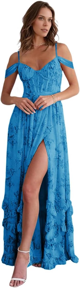 Off Shoulder Floral Bridesmaid Dresses Spaghetti Straps Chiffon Prom Dress