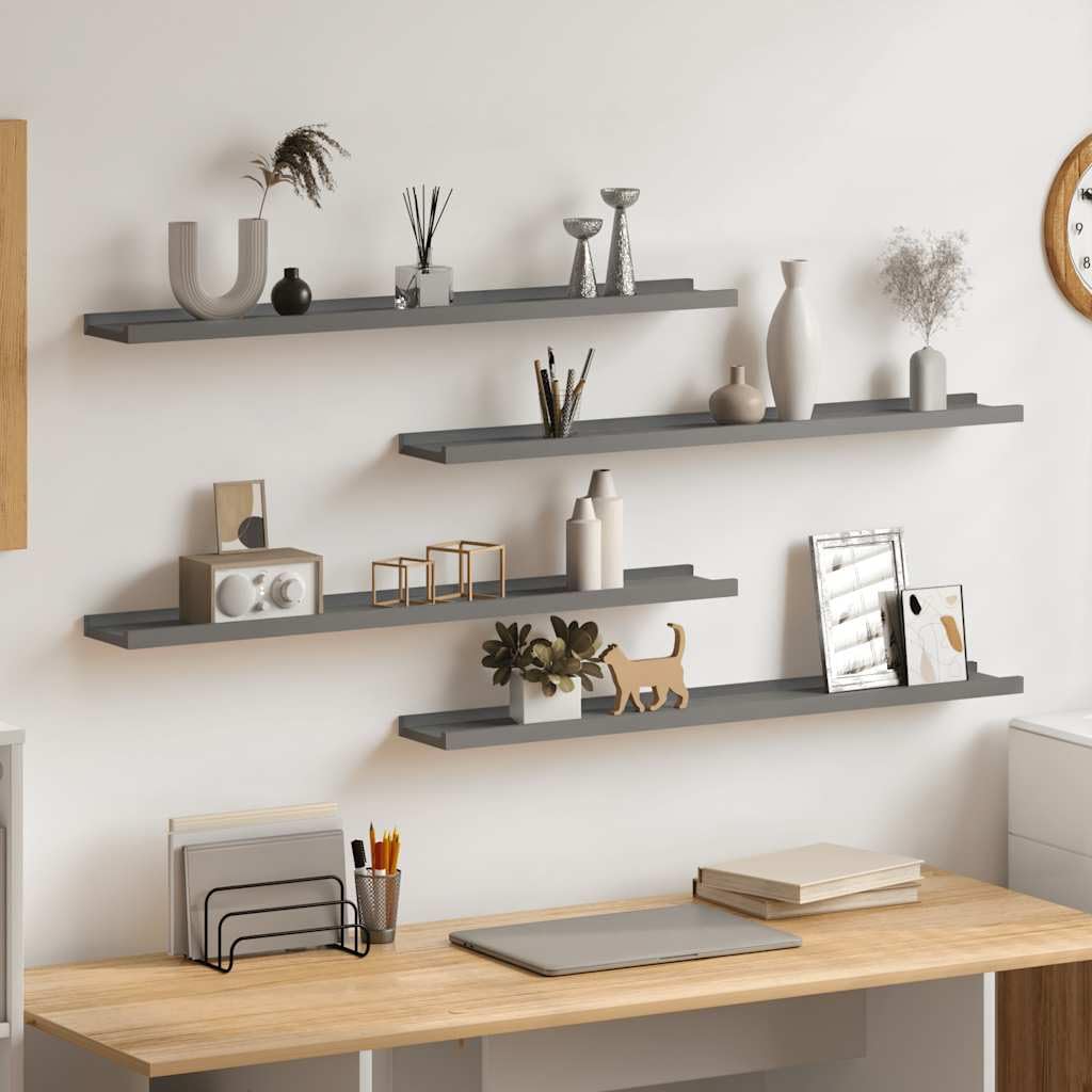 Półki ścienne 4 szt. szare 80 x 9 x 3 cm z płyty MDF – praktyczne półki wiszące do dekoracji mieszkania i przechowywania roślin, książek, artykułów dekoracyjnych