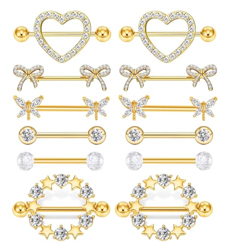 Suotarn 14G Gold Nipple Ring for Women 316L Stainless Steel Heart Cherry Star Butterfly Nipple Barbell CZ Cute Nipple Rings Set Nipplerings Piercing Jewelry (gold)