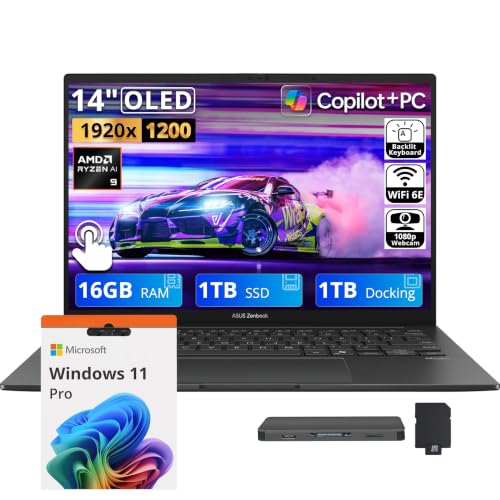 Image of ASUS Zenbook 14 14 inch FHD+ OLED Touchscreen Laptop, AMD Ryzen AI 9 465, 16GB RAM, 2TB Storage (1TB SSD+1TB Docking Station), AMD Radeon GPU, Copilot+ PC, Backlit Keyboard, Win 11 Pro, Jasper Gray