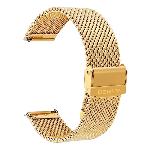 BERNY Stainless Steel Mesh Watch Band for Men Women, Quick Release Adjustable Milanese Watch Straps, Solid Metal Watch Bracelet with Double Safety Clasp Gold 20mm