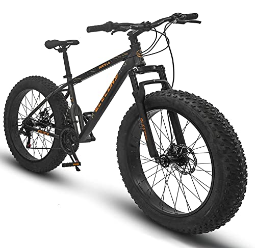 Elecony 26 Inch Fat Tire Mountain Trail Bike,Full Shimano 21 Speed, Dual Disc Brake, High-Carbon Steel Frame, Front Suspension,All Terrain Mountain Winter Snow Bike. (Black-Orange)