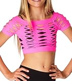 Malibu Sugar Girls (7-14) Short Sleeve Neon Mesh Crop Top Fishnet Shirt One Size Neon Fuchsia