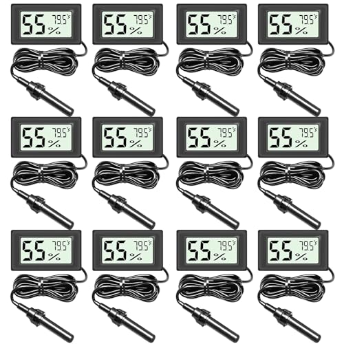 12-Pack LCD Digital Hygrometer and Thermometer, Indoor Hygrometer Meter, Humidity Gauge for Reptile Enclosures,Incubator Greenhouses (SD3013-with Probe)