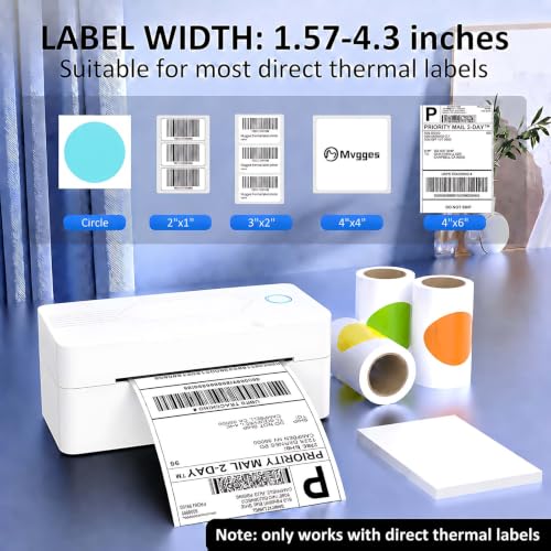 Image of Mvgges Bluetooth Thermal Shipping Label Printer, 4x6 Wireless Thermal Label Printer for Small Business, Compatible with Android, iPhone, Windows & Mac, White