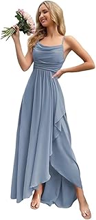 Bridesmaid Dresses for Women Chiffon Spaghetti Straps Cowl Neck A-Line Prom Evening Dress with Slit - Buy now