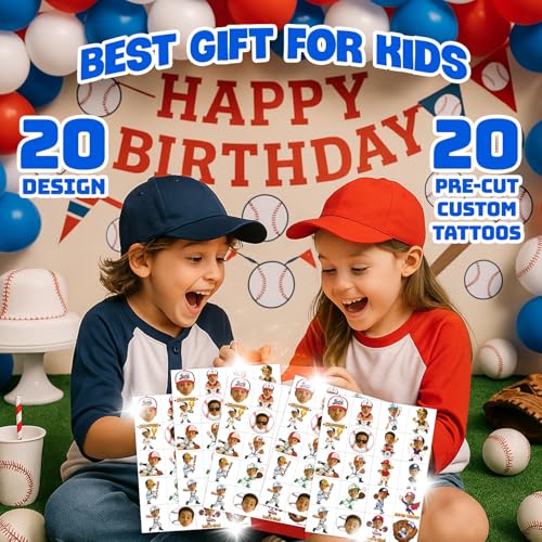 Image of Custom Baseball Temporary Tattoos for Kids | Personalized Pre-Cut Face Photo, Birthday Party Favors, Set of 20, Baseball Fans