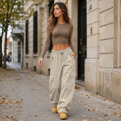 Cargo Tactical Pants Women Drawstring Wide Leg Parachute Pants with Pockets - image 4