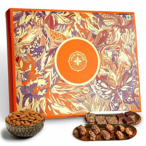 Image of Cacao Springs Golden Indulgence Celebration Chocolate Box For Gift - Assorted Chocolates - Brittles with Mixed Nuts (Almond & Cashew Nuts) - Premium Diwali Gift Hamper - 3 x 4 = 12 Pcs - 14gm Each