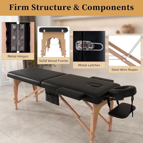 Image of Lipsa Healthtech Massage Bed Foldable & Portable 2 Fold /Section Wooden Adjustable Bed for Spa & Beauty Salon Massage Table with Carry Case Professional Massage Bed for Home Full Body Tattoo Bed