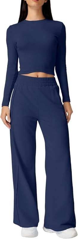 Womens 2 Piece Sets Long Sleeve Slim Fit Crop Tops Wide Leg Pants Matching Lounge Set