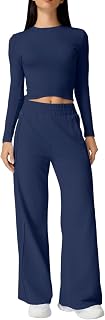 Womens 2 Piece Sets Long Sleeve Slim Fit Crop Tops Wide Leg Pants Matching Lounge Set